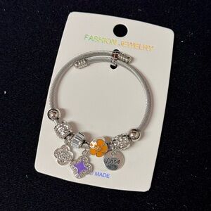Stainless Steel Silver and Purple Orange Floral Clover Love Charm Bracelet